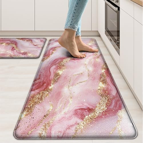 Tyrot Gold Pink Kitchen Mats for Floor 2 Pcs 17.3"X28"+17.3"X47"