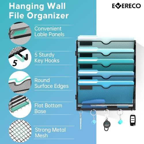 2 Pack 6 Tier Wall File Organizer - Hanging File Organizer with 5 Hooks, Mail Holder Wall Mounted for Papers, Folders, Magazines, Bills, Office&School Organization, Black
