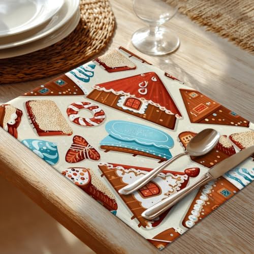 Shrahala Christmas Gingerbread Houses Set of 6 12 X 18 Inch Linen Placemats, Christmas Dessert Candy Tree Burlap Table Mat Washable Double Layered Heat Insulation for Indoor