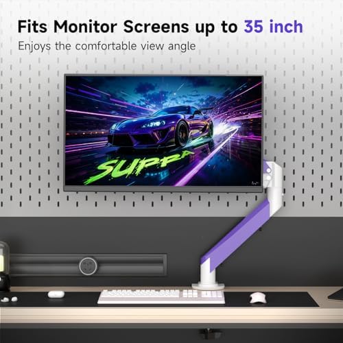Suptek Monitor Mount Gas Spring Monitor Arm Desk Mount Fully Adjustable Fits 17 20 22 23 24 26 27 32 35 inch Monitors Weight Capacity up to 24.25 lbs (White+Purple, 17"-35")