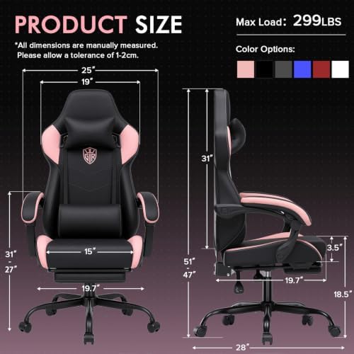 GTPLAYER Gaming Chair with Footrest, High Back Computer Chairs for Adults with Linkage Armrest Lumbar Support Heavy Duty 350lbs Ergonomic Swivel PC Game Chair for Office, Pink