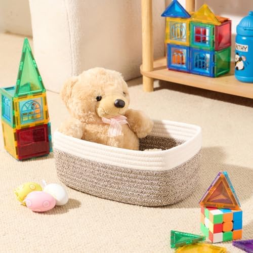 MiniArk Small Storage Baskets for Organizing | Closet Organizer Bins | Shelf Toy Basket | Woven Rope Baskets | Cube Decorative Box | Shallow Basket | 11.5x7.5x4.7” | 3 Packs White Brown