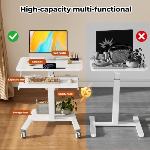 28" Rolling Standing Desk with Keyboard Tray and Podium, White