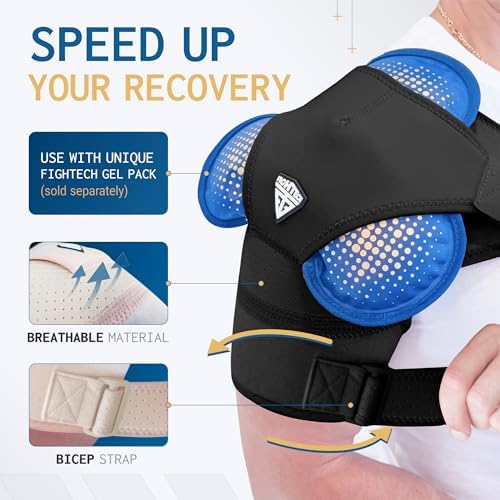 FIGHTECH Rotator Cuff Shoulder Brace for Men and Women - 4 Sizes - Shoulder Support - Pain Relief - Black - Large - Fits Most Men Bicep 12-17"