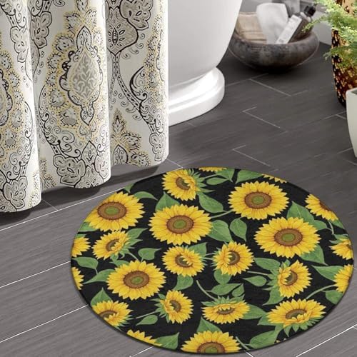 Circular Rugs Large Modern Round Area Rug Fashion Decor Mat for Home Office Beautiful Sunflower Yellow Flowers Green Leaves Black Floral, 24inch