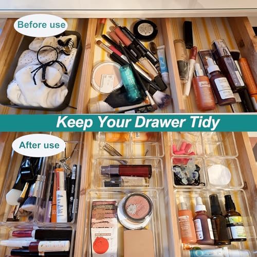 15 Pack Clear Plastic Drawer Organizer Set - 4 Sizes Makeup Vanity Organizer Chest of Drawers Storage Stackable Organizers Bins Divider Box for kitchens, Bedrooms, Bathrooms, Offices, Junk, Gadgets