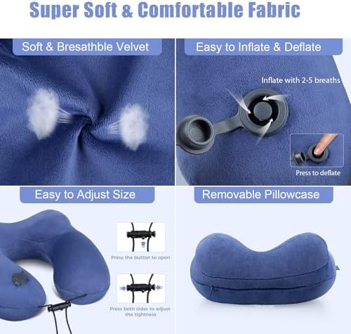Inflatable Travel Neck Pillow for Airplanes, Super Soft Velvet Neck Support, Adjustable Firmness, Blow Up Plane Pillow for Long Flights, Road Trips, Travel Essentials with Eye Mask, Earplug