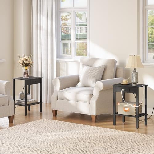 HOOBRO Side Tables Set of 2 with Charging Station, 2-Tier Small End Tables