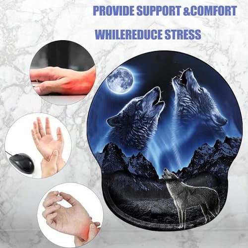 Ergonomic Mouse Pad with Wrist Support Wolf Mousepad Wrist Rest for Pad Gel Carpal Tunnel Relieves Pain Blue Mouse Mat with A Coaster for Computer Girl Work