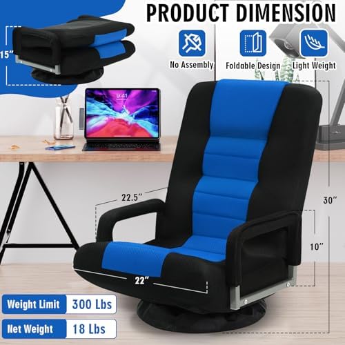 Swivel Floor Gaming Chair w/Armrests, Folding Video Reclining Sofa w/6 Adjustable Position, Padded Backrest & Cushion, Lazy Lounger Couch for E-Sports, Reading, Relaxing, Watching TV, Blue