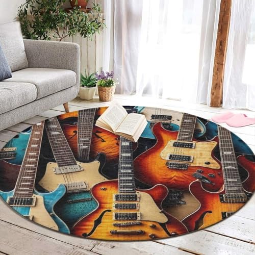 Fashion Round Area Rug Large Non Slip Carpet, Music Guitars Unisex Home Decor Mat