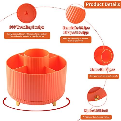 Desk Pencil Pen Holder, 5 Slots 360°Degree Rotating Pen Organizers for Desk, Desktop Storage Stationery Supplies Organizer, Cute Pencil Cup Pot for Office, School, Home, Art Supply, Orange