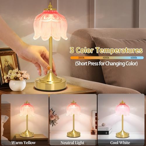 Cordless Table Lamp, Rechargeable Blush Pink Glass Lotus Flower Lamp