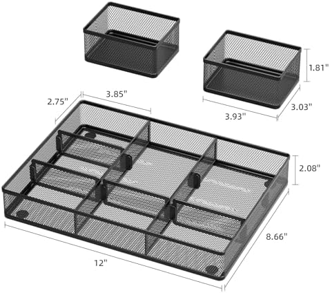 Marbrasse 3 Packs Desk Drawer Organizers, Metal Mesh Dividers Desk Drawer Organizer Tray with 9 Adjustable Compartments, Pen Organizer for Drawer Tray Box Accessories for Desktop,Kitchen, Makeup
