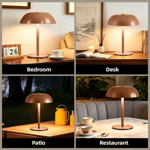 2 Pack Portable LED Mushroom Table Lamp, 12H Cordless Metal Night Light with Rechargeable Battery, Stepless Dimmable 3 Colors Desk Lamp for Bedroom Bar Coffee Shop(Camel)