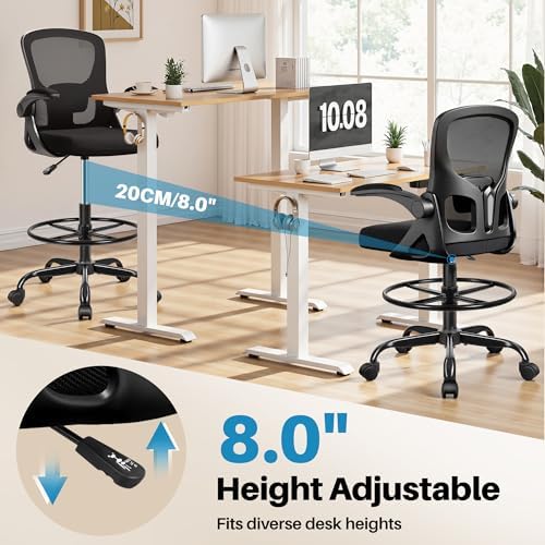 Drafting Chair Tall Office Chair for Standing Desk - Ergonomic Computer Work Stool with Flip-up Arms, Foot Ring & Adjustable Lumbar Support. Ideal for Studio, Artist, Engineer, & Study (Black)