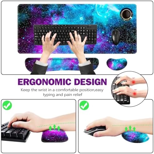 ToLuLu Extended Gaming Mouse Pad, Memory Foam Ergonomic Keyboard Mouse Wrist Rest Support Set, Large Desk Mat with Stitched Edges, Non-Slip Base Mousepad for Home Office Game and Study, Nebula Galaxy