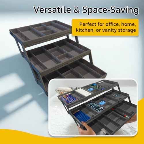3 Tier Drawer Organizer, Multi Level Smart Drawer Organizer for Desk, Expandable Organizer for Office, Makeup, Jewelry, Kitchen, Folding Storage for Home and Office Drawers & Craft Organizer - Gray