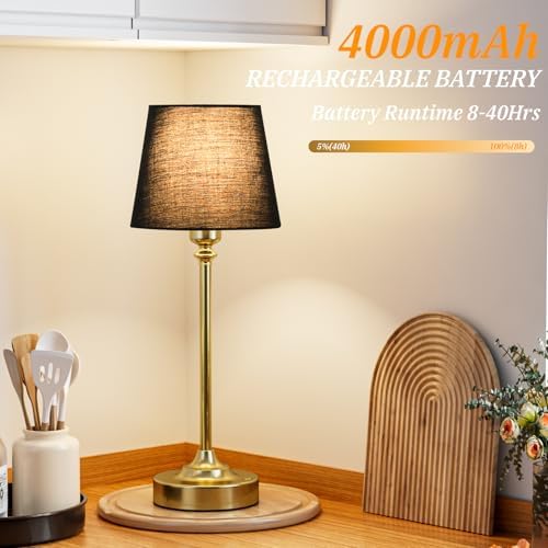 Kakanuo Cordless Table Lamps Rechargeable Set - 2 Pack Brass 4000mAH Battery Operated Lamps for Decor, 3000K Stepless Dimming Touch Wireless Lamp for Bedroom, Dining Table, Living Room, Black Shade