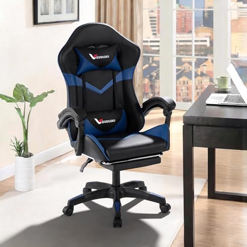 Gaming Chair for Adults, Ergonomic Computer Gaming Chair with Footrest & Lumbar Support, Height Adjustable 360° Swivel Reclining Home Office Desk Chair(Black & Blue)