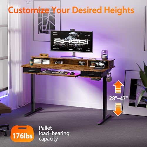 WALKINGDESK 55x24 Inches Electric Standing Desk with Keyboard Tray, Height Adjustable Stand up Desk with 2 Drawers, Ergonomic Sit to Stand Desk with Storage Monitor Stand, Computer Table, Rustic Brown
