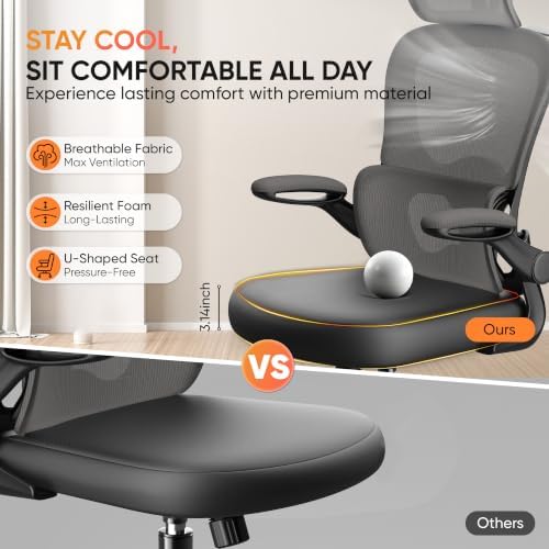 VUSIGN Ergonomic Office Chair, High Back Mesh Desk Chair with Adjustable 3D Headrest & Lumbar Support, Flip-Up Arms, 300lbs Wide Seat Swivel Rolling Computer Gaming Chair, for Home Office - Black