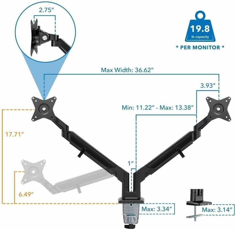 Mount-It Dual Monitor Arm Desk Mount, Low Profile Gas Spring, 17-32 in.