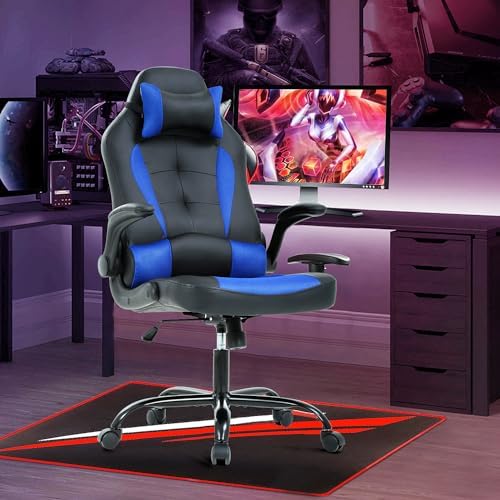 High Back PU Leather Office & Gaming Chair - Comfortable, Big & Tall, Height Adjustable, Heavy Duty Racing Chair with Headrest & Lumbar Support (Blue)