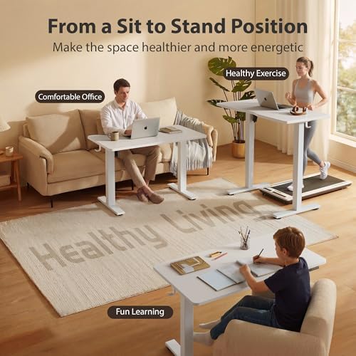 Cubiker Standing Desk, 55x24 Inches Sit Stand Home Office Desk, Electric Stand up Desk, Adjustable Desk with Splice Board, White Frame/White Top