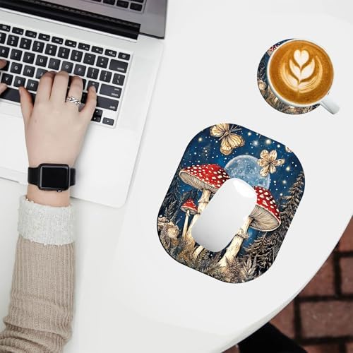 Small Mouse Pad，Mini Mouse Pad 6 x 7 Inch，for Laptop Keyboard Tray Wireless Mouse Home Office Travel，with Non-Slip Rubber Base, Waterproof Mouse Mat，Moonlit Mushrooms Forest