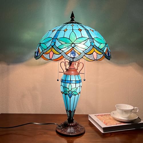 Tiffany Lamp 16 inch Blue Stained Glass Table Lamp with Nightlight