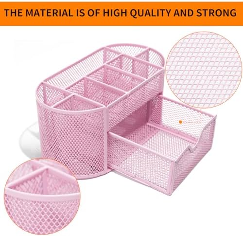 Newkita Desktop Organizer with Pencil Pen Holder and Accessories Offering 8 Compartments and 1 Drawer for Home, School and Office. (Cherry Blossom Pink)