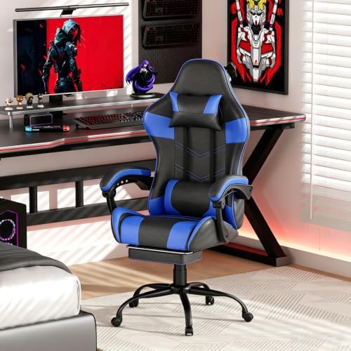 Gaming Chair with Footrest, Ergonomic Video Game Chair for Adults, Blue