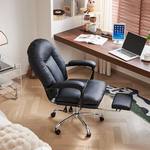 EMIAH Office Chair with Foot Rest Criss Cross Chair, Genuine Leather, Black