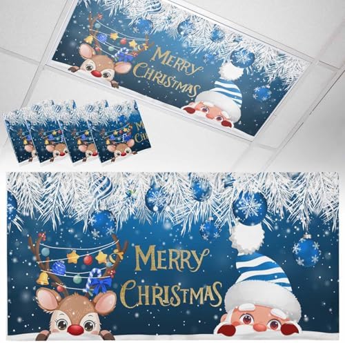 Santa Claus Magnetic Fluorescent Light Covers for Ceiling Lights 2 x 4 Feet,Christmas Elk Cartoon Pine Tree Leaves Blue Office Classroom Kitchen Drop Ceiling Light Covers Filters Shade Panel 4 Packs