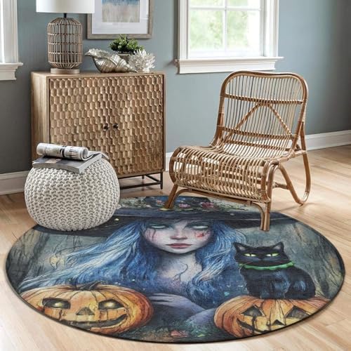 Highly Premium Quality Floor Mat, Office Chair Decor Mat, Room Sofa Yoga Soft Round Carpet Halloween Pumpkin Black Cat Magic Witch Painting, 36inch