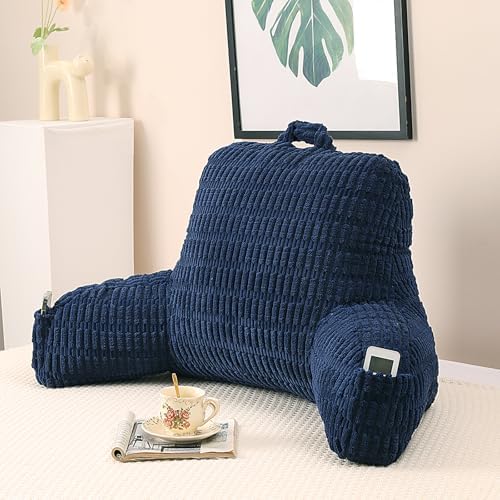 Large Reading Pillow for Sitting Up with Arms,Blue Corduroy