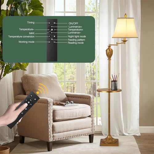 Traditional Floor Lamp with Tray, Remote Dimmable, 350° Swing Arm and Gold