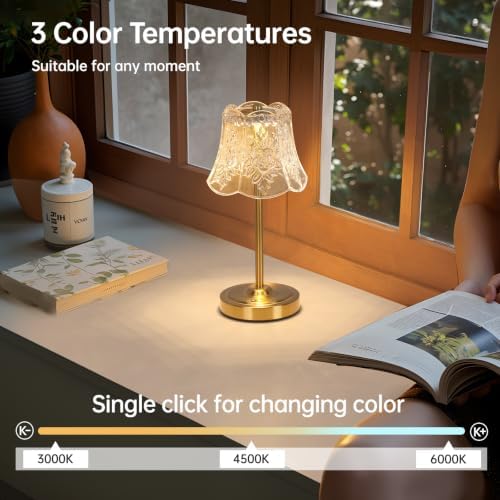 Shenmoyl Set of 2 Cordless Touch Table Lamp with 5200mAh Battery - 3 Adjustable Color Temperatures & Dimmable, Rechargeable Lamp for Bedsides, Living Room, Entryway, Bookshelves (Transparent Rose)