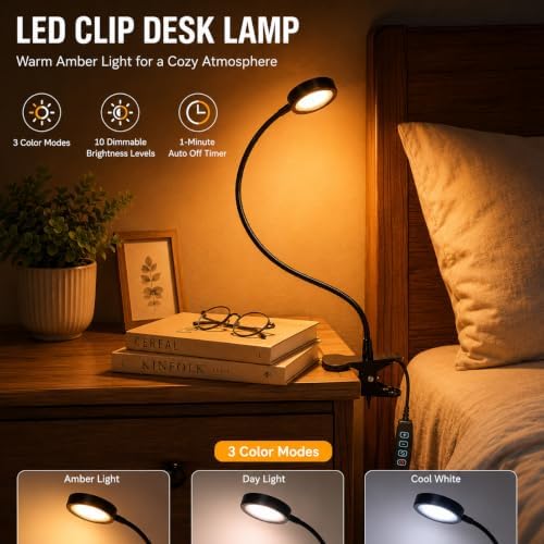 USB Clip-On Lamp Eye Caring Dimmable Reading Light (Amber+Cool White, 8W)