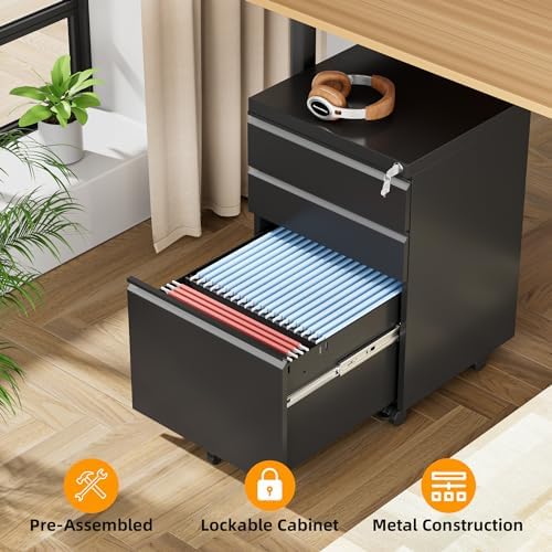 INTERGREAT 3 Drawer File Cabinet, Metal Filling Cabinets with Lock, Locking Office Mobile Cabinet with Wheels for Legal/Letter Size, Under Desk, Assembled Required, Black