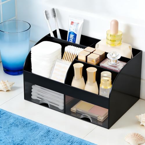Makeup Organizer with 2 Drawers, Cosmetic Storage for Dresser Vanity and Bathroom Countertop,Make up organization and Skincare Storage with Beauty Brush Holder, Cosmetic Display Case (Black)