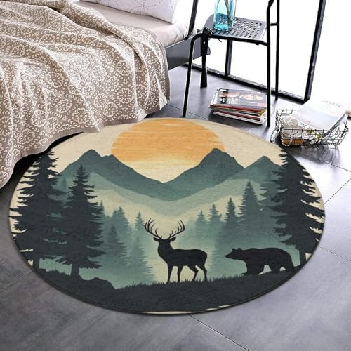 Circular Rugs Large Modern Round Area Rug Fashion Decor Mat for Home Office Sunset Country Rustic Farmhouse Deer Bear