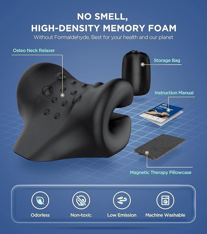 Osteo Neck Stretcher with Magnetic Therapy Cover, 2 Modes[Gentle/Strong] Pain Relief Cervical Traction Device, odorless Neck and Shoulder Relaxer, Chiropractic Pillow for TMJ Headache Spine Alignment