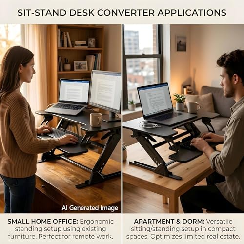 Sit and Standing Desk Converter 36x24 inches w/Dual Monitor Arms Mount - Height Adjustable Music Production Studio Workstation for Home Office
