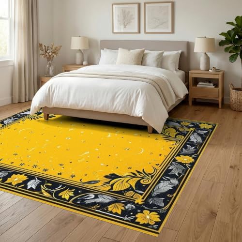 6'x9' Yellow Black Cat Golden Feline Motif Washable Area Rug