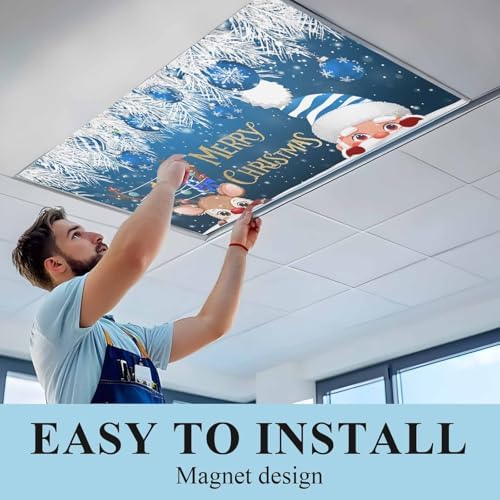 Santa Claus Magnetic Fluorescent Light Covers for Ceiling Lights 2 x 4 Feet,Christmas Elk Cartoon Pine Tree Leaves Blue Office Classroom Kitchen Drop Ceiling Light Covers Filters Shade Panel 4 Packs