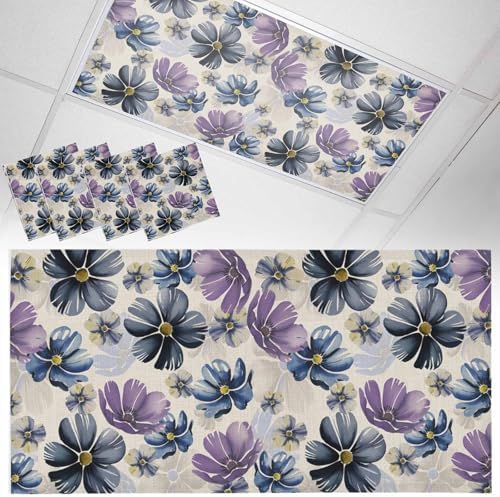 Retro Beige Purple Flower Magnetic Fluorescent Light Covers for Ceiling Lights 2 x 4 Feet,Ombre Blue Green Blossom Floral Office Classroom Kitchen Drop Ceiling Light Covers Filters Shade Panel 4 Packs