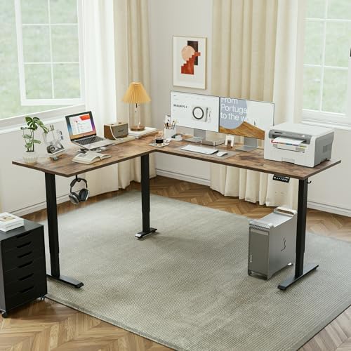 Agilestic 75 x 61 Inch L Shaped Electric Standing Desk, Rustic Brown