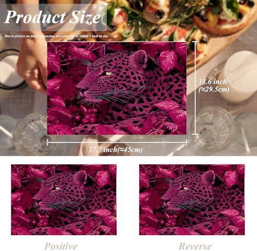 Shrahala Cute Leopard Set of 4 12 X 18 Inch Linen Placemats, Amaranth Leaves Pink and Black Burlap Table Mat Washable Double Layered Heat Insulation for Indoor/Outdoor